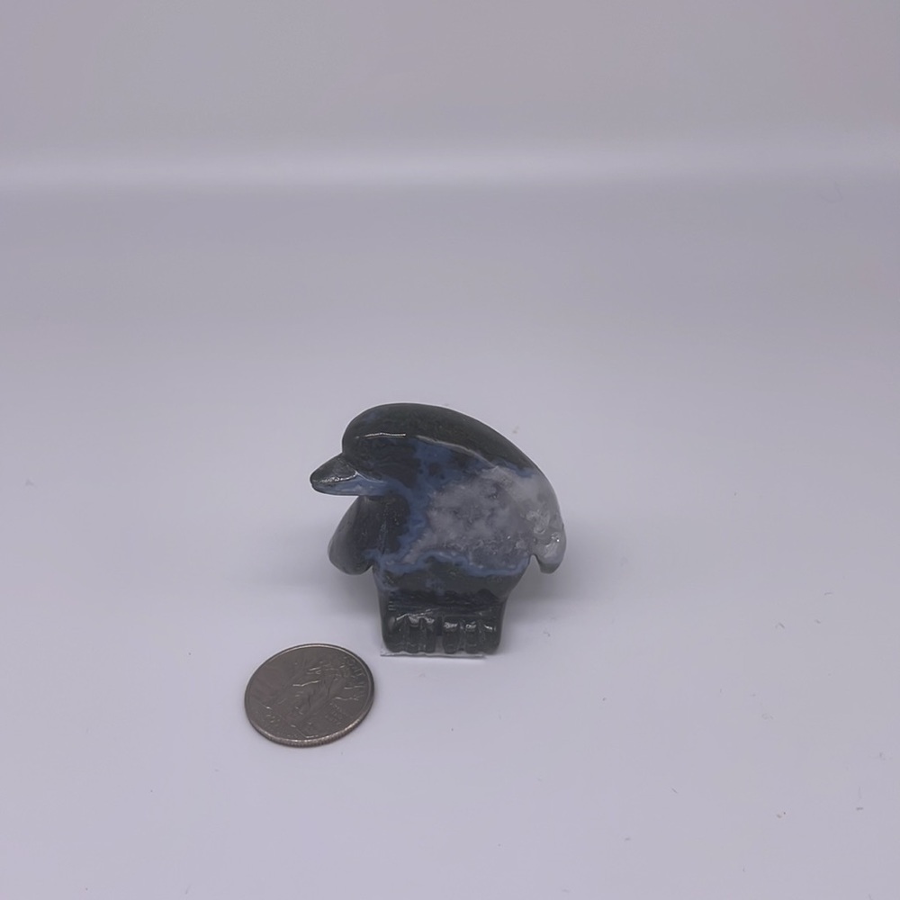Natural Moss Agate / Clear Quartz Crystal Penguin
